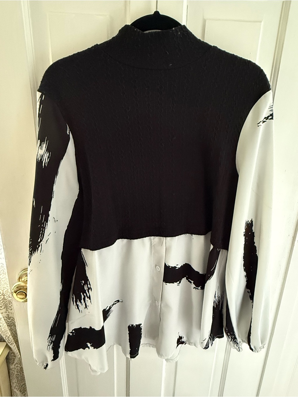 SHEIN Black and White Mock Neck Mixed Media Blouse